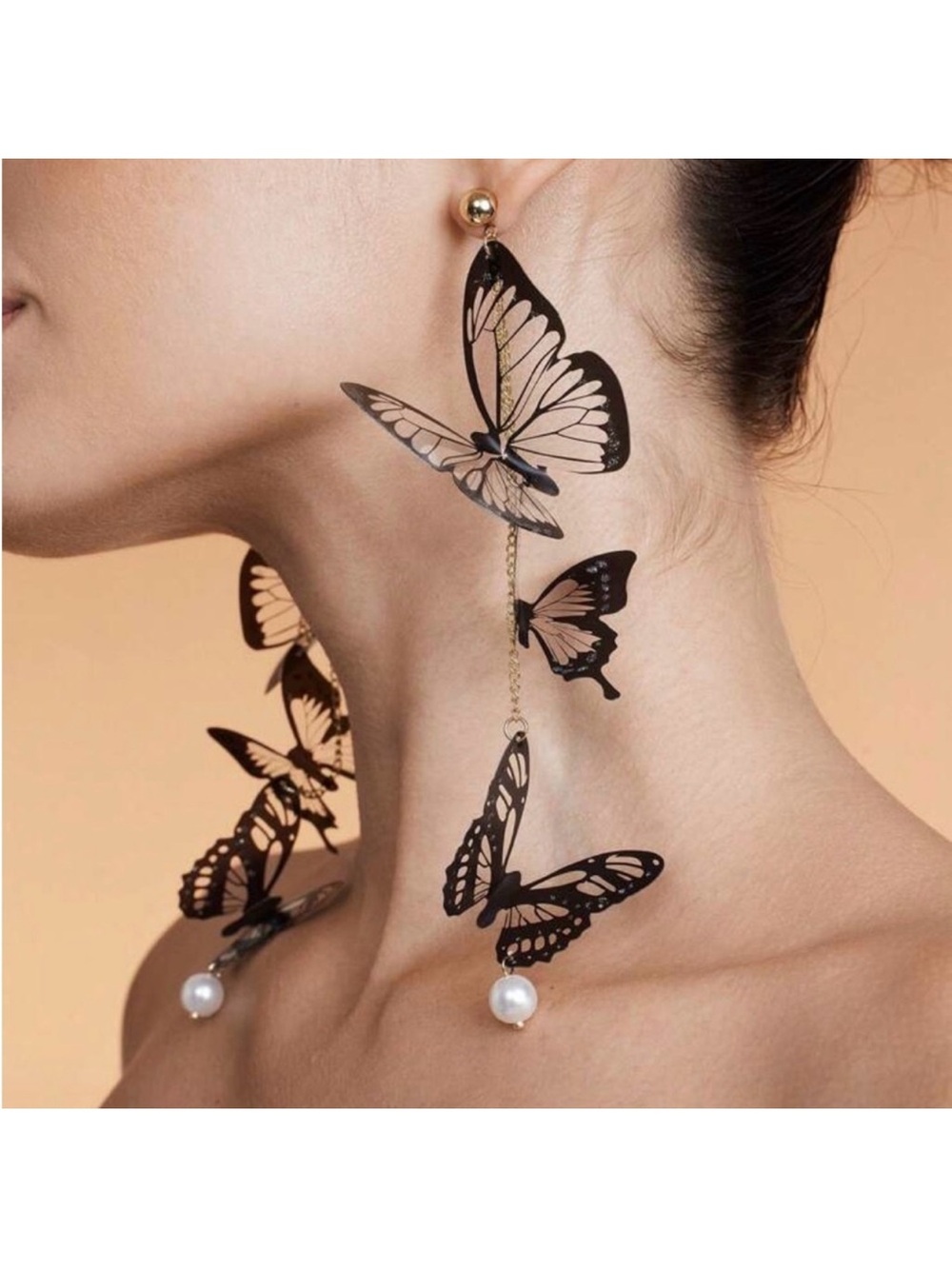 Elegant Black Butterfly Earrings with Pearl Accents new